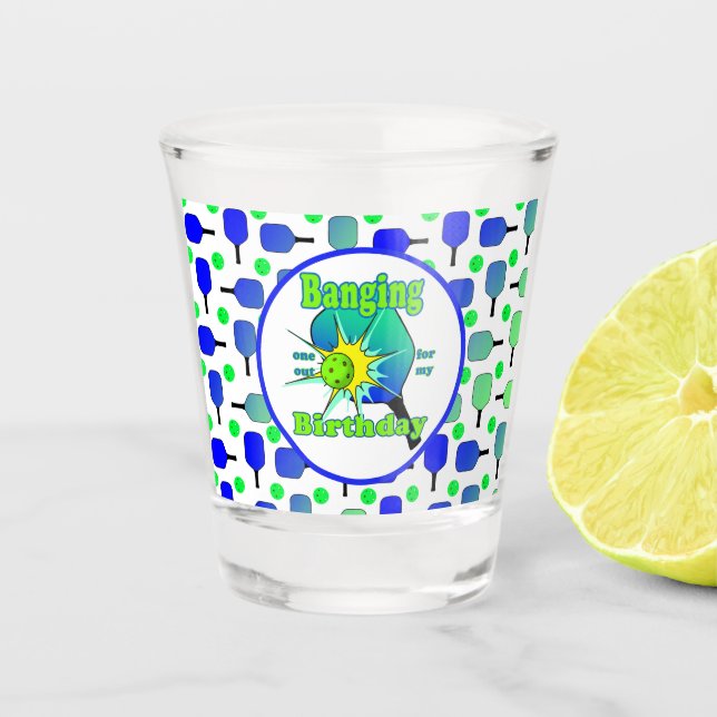 Verre A Shot Pickleball Anniversaire Bleu Vert Paddle Ball Beng (Devant)