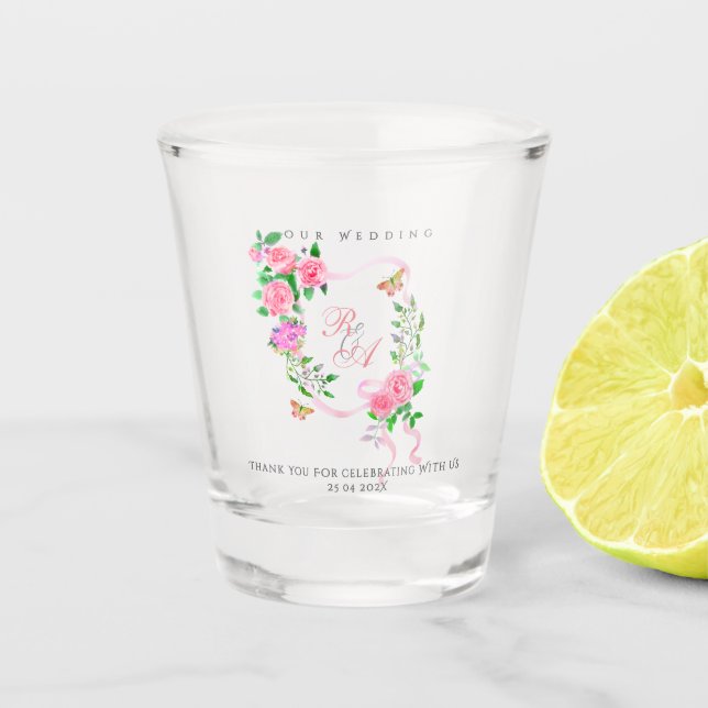 Verre A Shot Pink Rose Ribbon Monogram Wedding  (Devant)