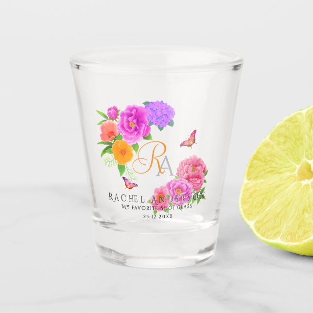Verre A Shot Pivoines de jardin à monogramme romantique  (Devant)