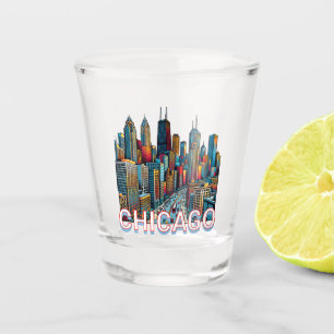 Verre A Shot Pop art Comic Book Chicago, Illinois Skyline
