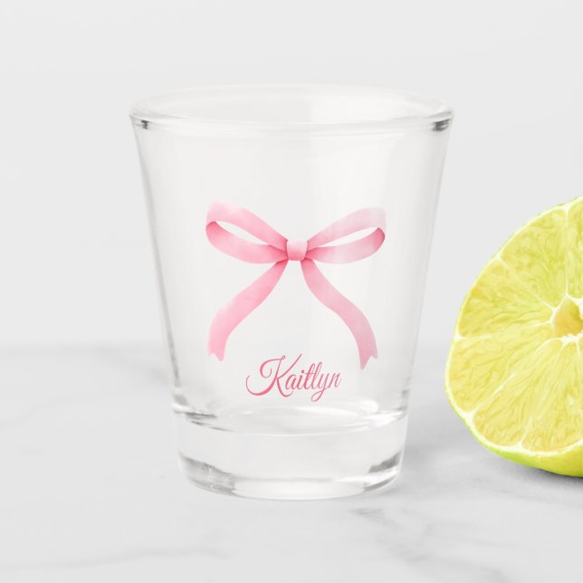Verre A Shot Preppy Pink Bow Nom personnalisé Bachelorette Favo (Devant)