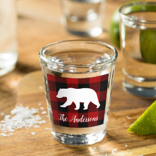 Verre A Shot Red Buffalo Plaid & Bear Nom personnel Cadeau