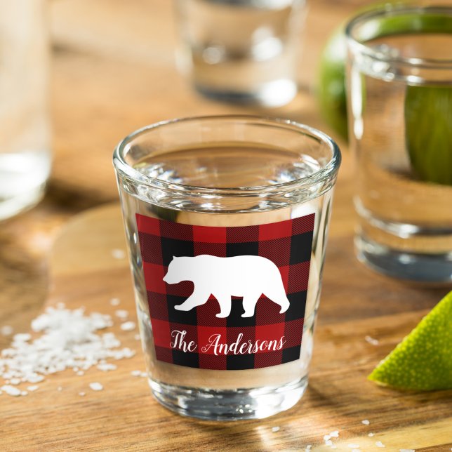 Verre A Shot Red Buffalo Plaid & Bear | Nom personnel Cadeau (Créateur téléchargé)