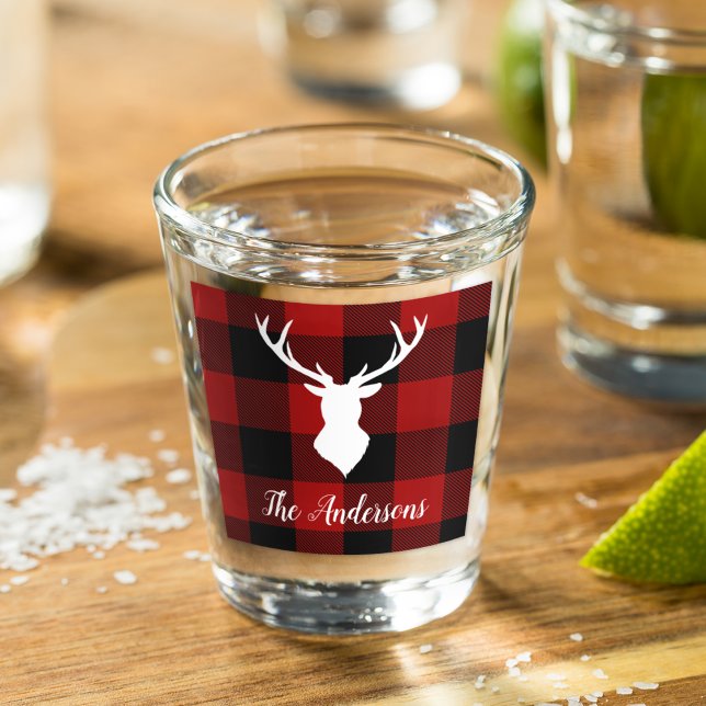 Verre A Shot Red Buffalo Plaid & Deer | Nom personnel Cadeau (Créateur téléchargé)
