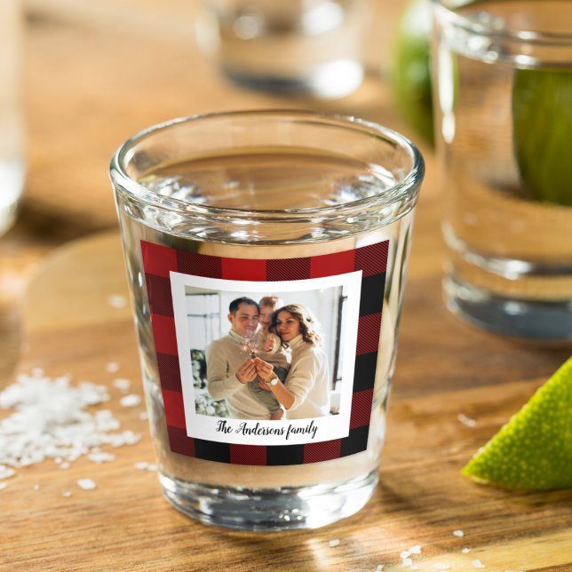 Verre A Shot Red Buffalo Plaid & Nom Personnel Et Photo (Créateur téléchargé)