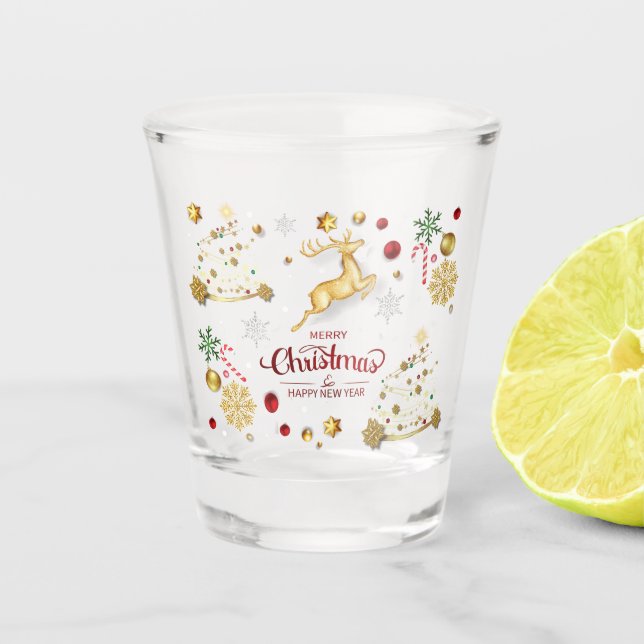 Verre A Shot Red Gold Reindeer Joyeux sapin de Noël (Devant)
