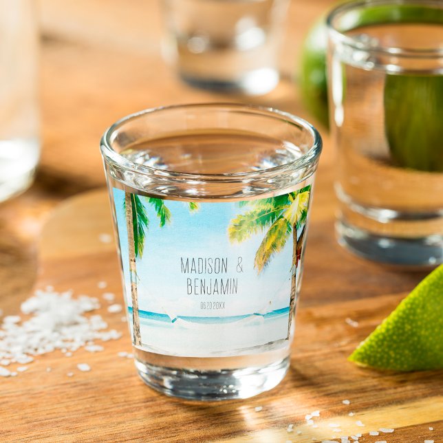 Verre A Shot Retro Blue Ocean Beach Palm Trees Mariage tropical (Créateur téléchargé)