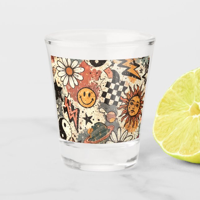 Verre A Shot Retro Groovy Smiley Sun Daisy Psychedelic Pattern (Devant)