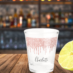 Verre A Shot Rose or parties scintillant gouttes de nom script