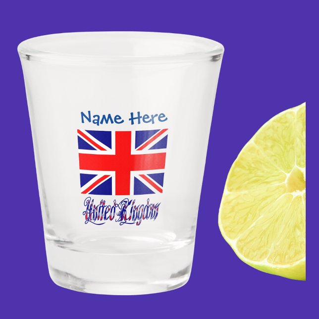 Verre A Shot Royaume-Uni Bleu Drapeau Personnalisation (Shot glass has the British flag with words UNITED KINGDOM below in flag colors. Add a name above.)