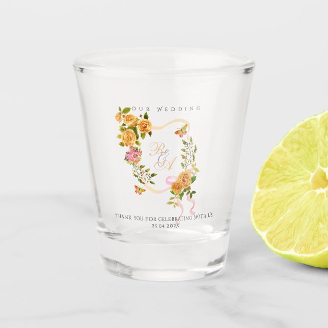 Verre A Shot Ruban de rose en or Monogramme de mariage  (Devant)