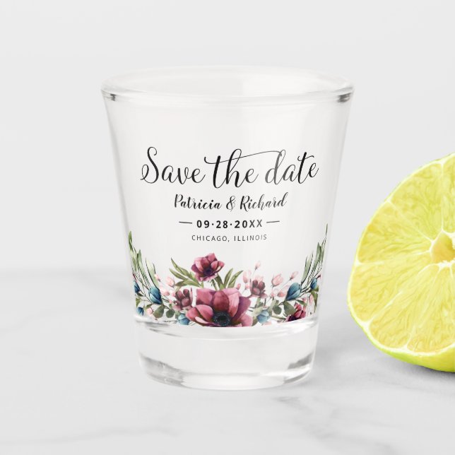 Verre A Shot Rustique Chic Bourgogne Mariage Floral Enregistrer (Devant)