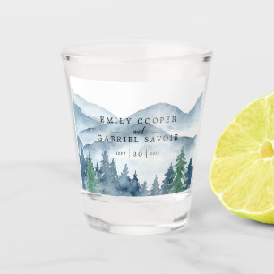 Verre A Shot Rustique Montagnes Forêt Aquarelle Mariage Memento