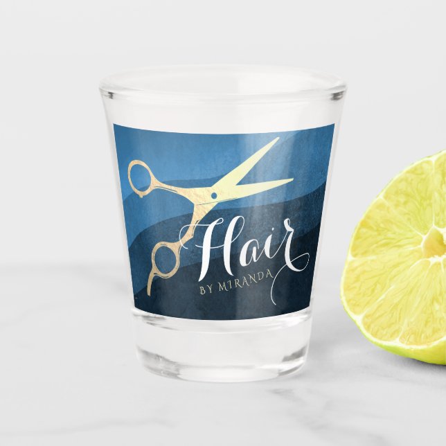 Verre A Shot Salon des cheveux Coiffeuse Ciseaux bleu et or mod (Devant)