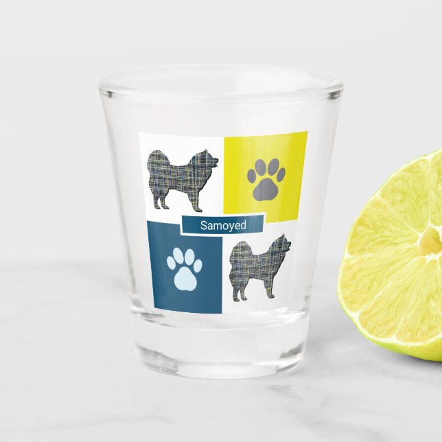 Verre A Shot Samoyé Chien Silhouette & Paw Y&B Grid (Devant)