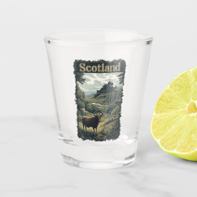 Verre A Shot Scotland Design : Highland Cow, Castle, and Scener (Devant)