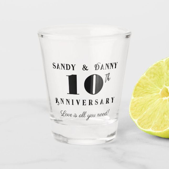 Verre A Shot Script personnalisé 10e anniversaire noir blanc mo (Devant)