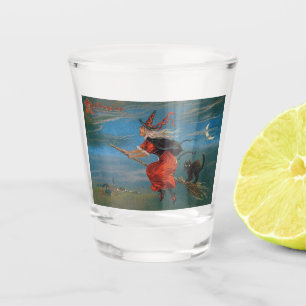 Verre A Shot Sorcière volant avec chat noir la nuit d'Halloween