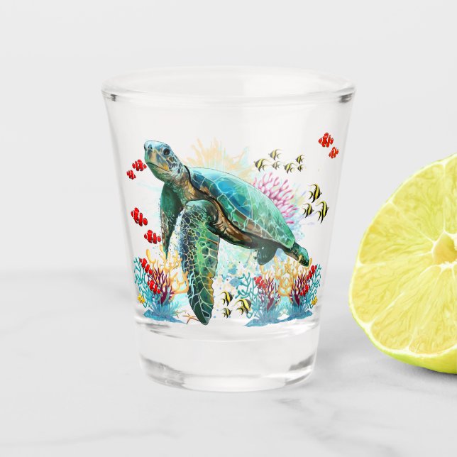 Verre A Shot Style d'aquarelle sous-marine de tortue marine (Devant)