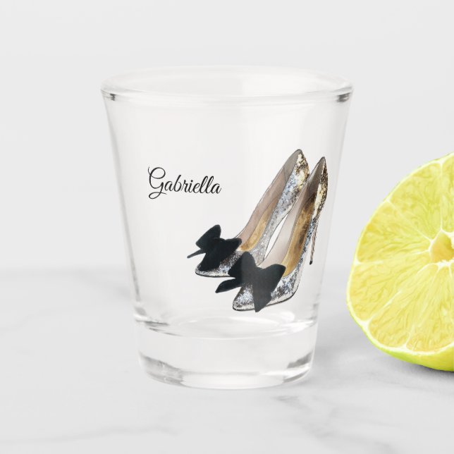 Verre A Shot Talons hauts argentés Nœud noir (Devant)
