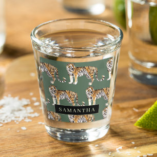 Verre A Shot Tigres d'aquarelle verte tropicale Motif avec nom