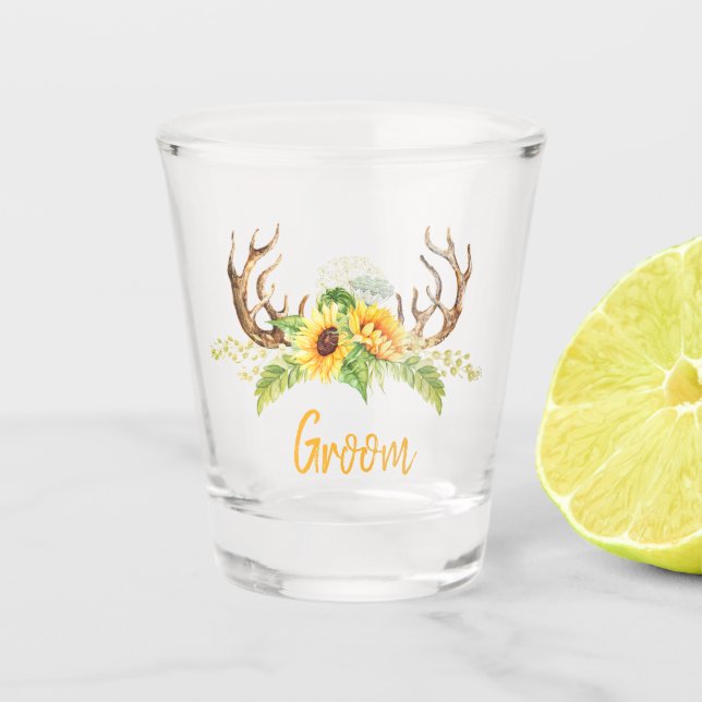 Verre A Shot Tournesols Jaunes Rustiques, Verdure, Groom Antler (Devant)