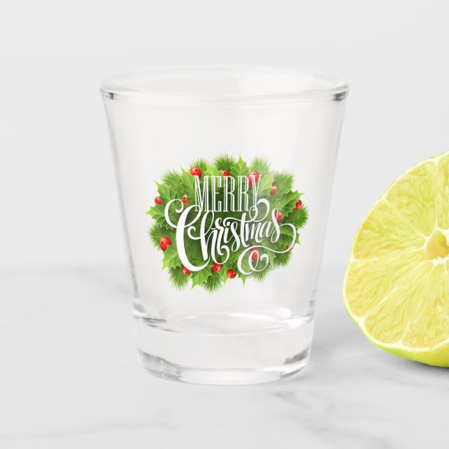 Verre A Shot Typographie blanche élégante Joyeux Noël Holly (Devant)