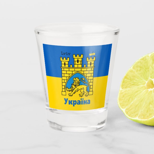 Verre A Shot Ukraine & Lviv City - Armoiries, drapeau ukrainien (Devant)
