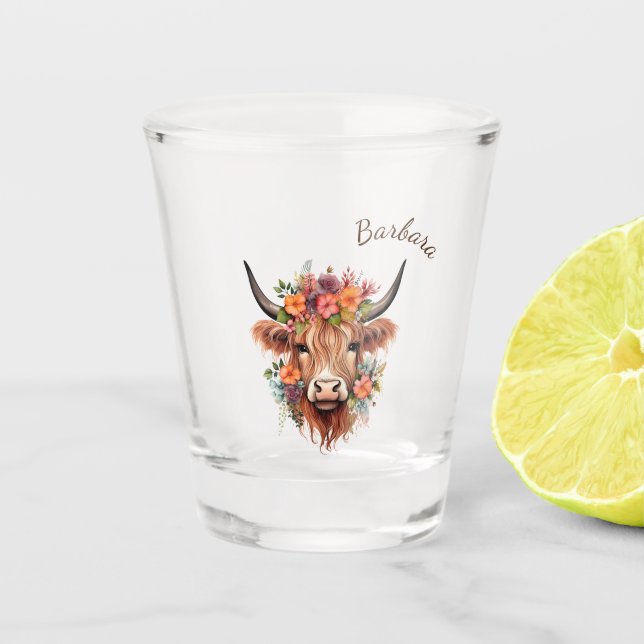 Verre A Shot Vache Highland moderne aux fleurs (Devant)