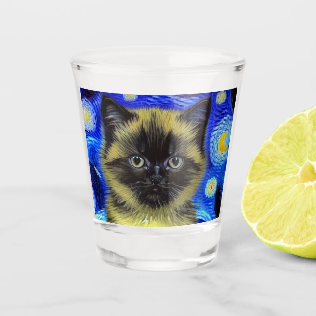 Verre A Shot Van Gogh Starry Nuit Siamese Cat (Devant)