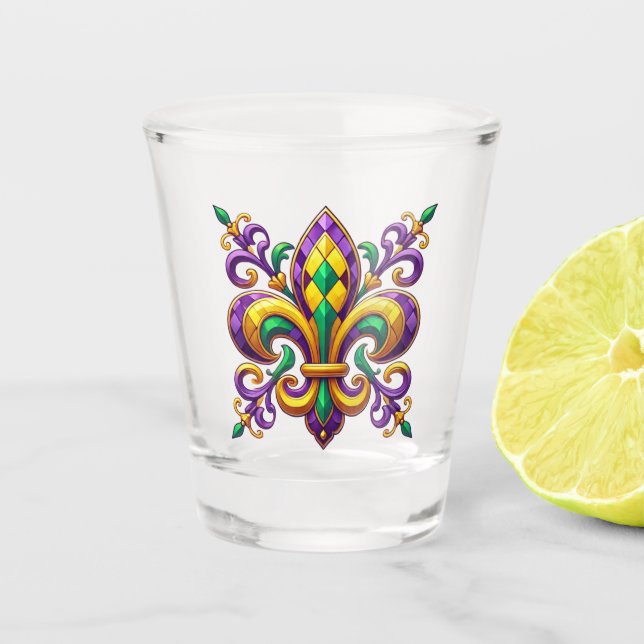 Verre A Shot Vert jaune pourpre Mardi Gras fleur de lis (Devant)