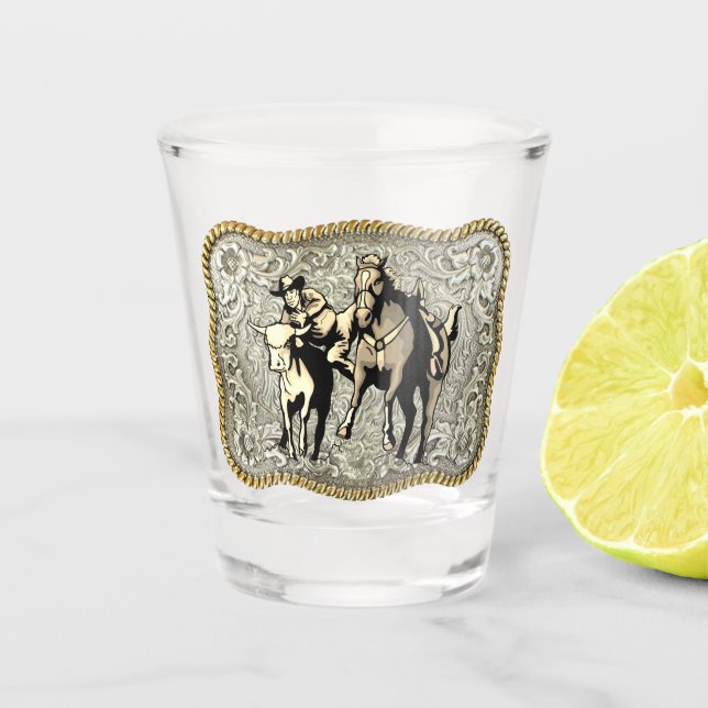 Verre A Shot Western Rodeo Cowboy Steer Wrestlin Belt Buckle (Devant)