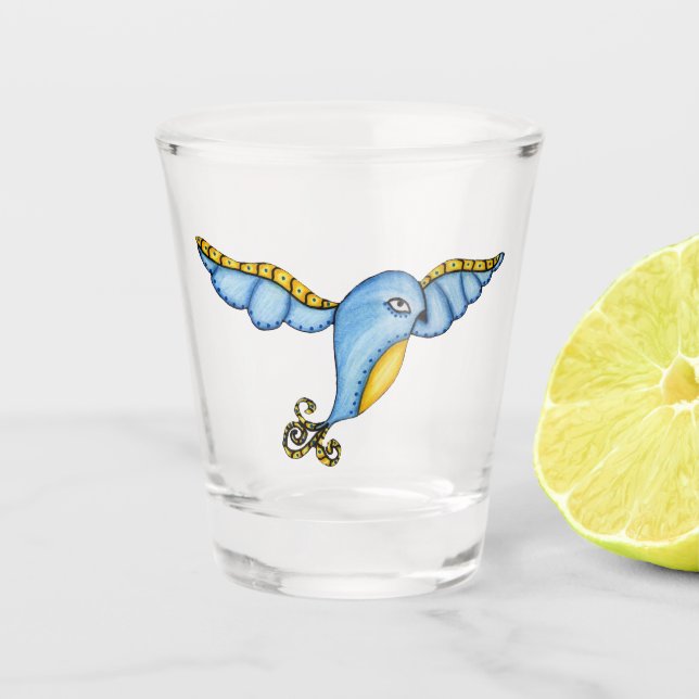 Verre A Shot Whimsical Flying Blue Yellow Bird Fancy Scrolls (Devant)