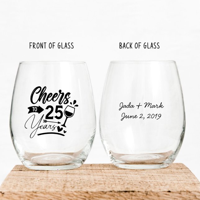 Verre À Vin Sans Pied 25e anniversaire du Mariage Elégante célébration (stemless wine glass for a 25th wedding anniversary that says cheers to 25 years, customized)