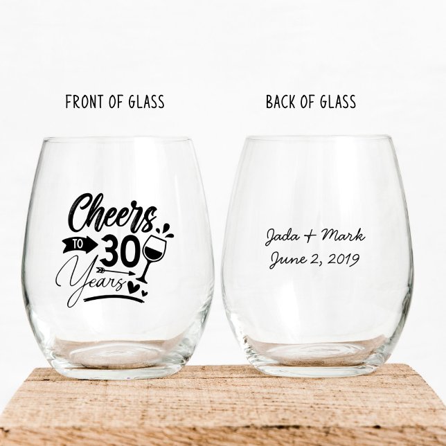 Verre À Vin Sans Pied 30e anniversaire du Mariage Elégante célébration (stemless wine glass for 30th wedding anniversary that says cheers to 30 years customized with names)