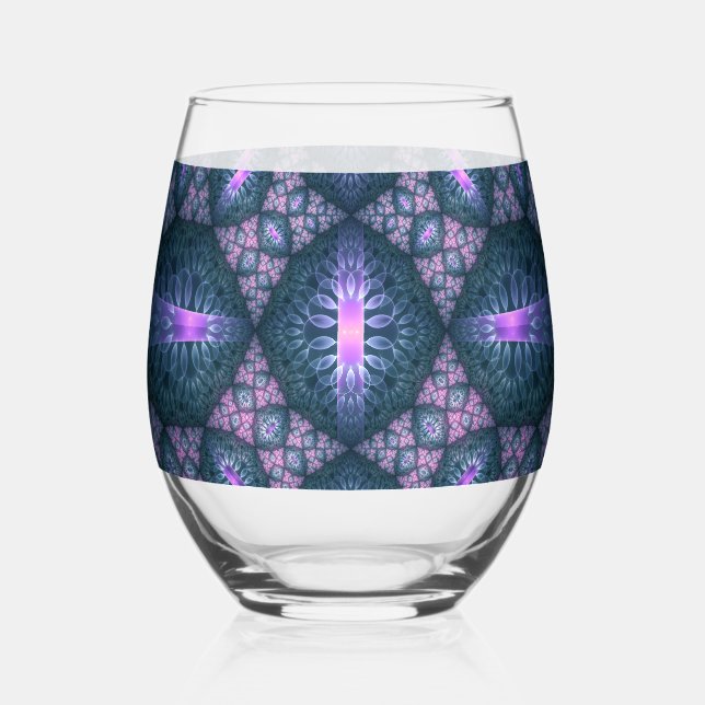 Verre À Vin Sans Pied 3D Fractal Art Abstrait Motif bleu violet rose (Recto)
