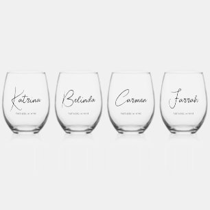 Verre À Vin Sans Pied 4 x Noms élégants écrits à la main en script & Tex