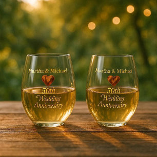 Verre À Vin Sans Pied 50e Anniversaire de Mariage Typographie Dorée Cœur