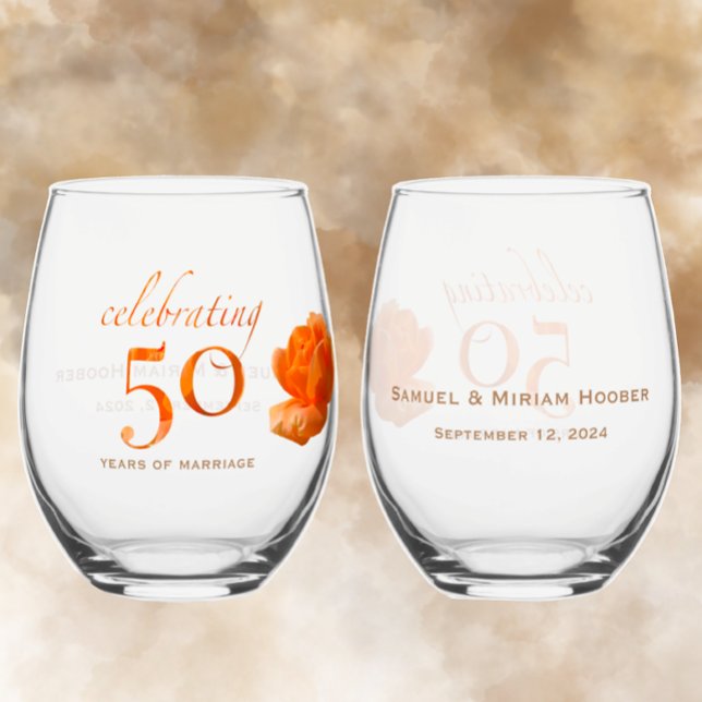 Verre À Vin Sans Pied 50e anniversaire mariage personnaliser pêche rose  (Personalized 50th anniversary keepsake stemless wineglasses with unique peach rose elegant gift idea)