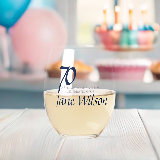 Verre À Vin Sans Pied 70e anniversaire élégant marine écriture moderne (Insitu (Baby Shower))