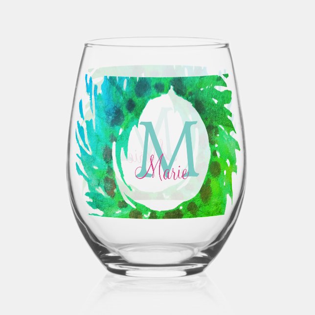 Verre À Vin Sans Pied Ajouter une couronne de Noël vert rose monogramme (Recto)