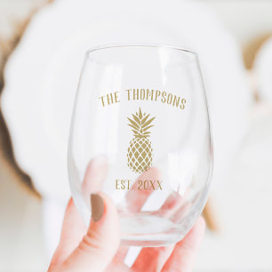 Verre À Vin Sans Pied Ananas rustique Nom de famille personnalisé