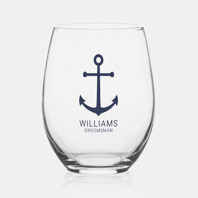Verre À Vin Sans Pied Ancre Bleue marine Nautique Groomsmen personnalisé (Recto)