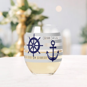 Verre À Vin Sans Pied Ancre de bateau personnalisée bleu marine et roue