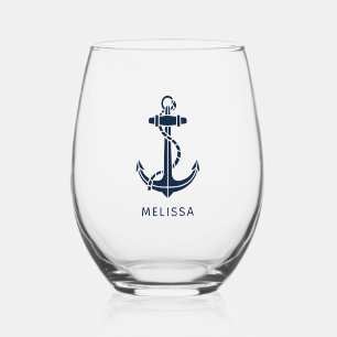Verre À Vin Sans Pied Ancre Nautique Personnalisée Nom de Bateau Bleu Ma