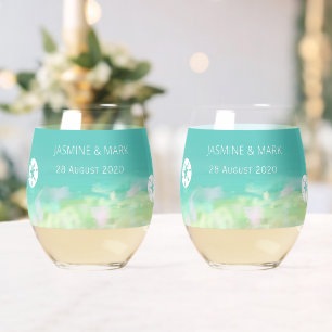 Verre À Vin Sans Pied Aqua Blue Water Beach Mariage Noms personnalisés