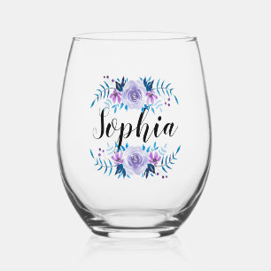 Verre À Vin Sans Pied Aquarelle bleu violet couronne florale Texte perso