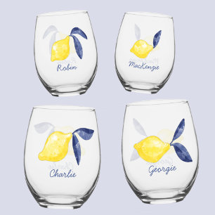Verre À Vin Sans Pied Aquarelle Citrus citron Nom personnalisé