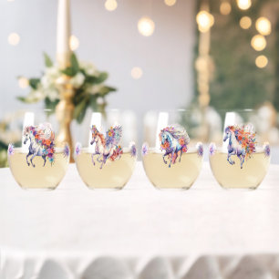 Verre À Vin Sans Pied Aquarelle Courant Chevaux Avec Accents Floraux