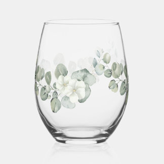 Verre À Vin Sans Pied Aquarelle florale Botanique Eucalyptus Vert